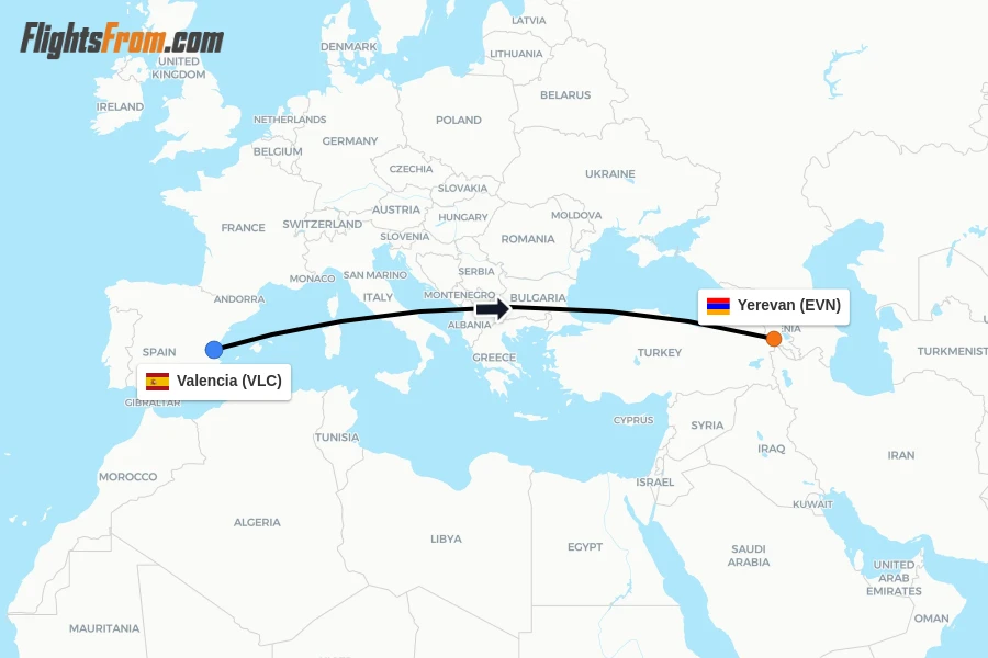 Flights from Valencia to Yerevan route map