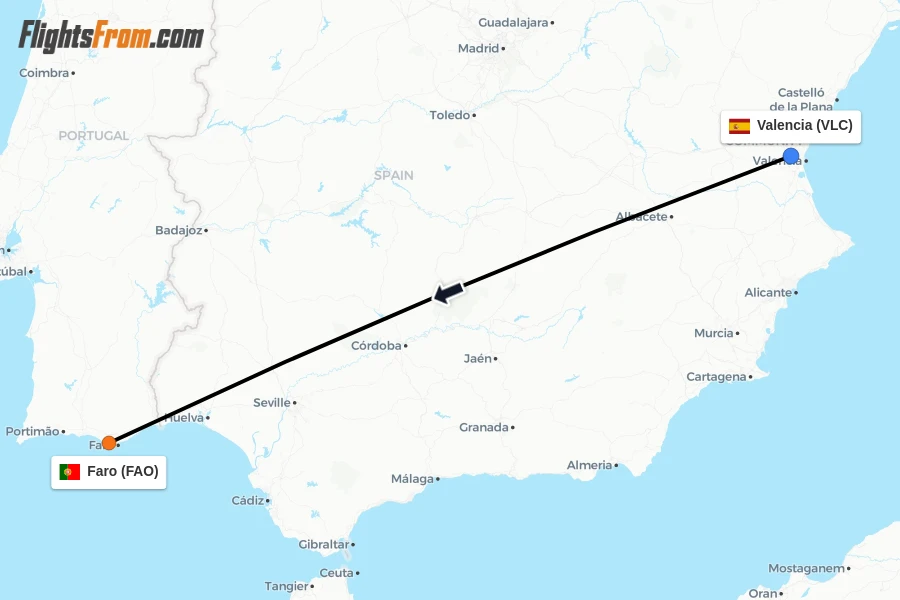 Flights from Valencia to Faro route map