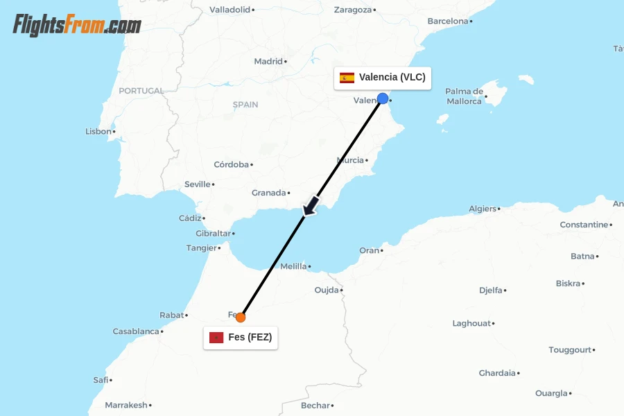 Flights from Valencia to Fes route map