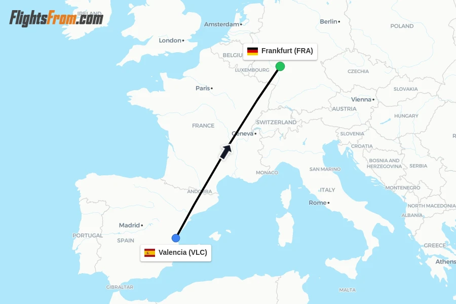 Flights from Valencia to Frankfurt route map
