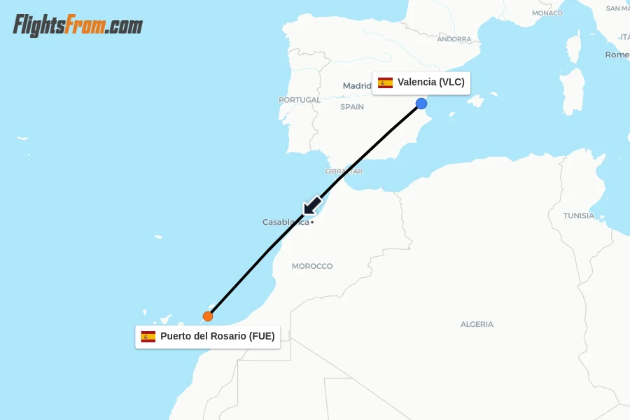 Flights from Valencia to Puerto del Rosario route map