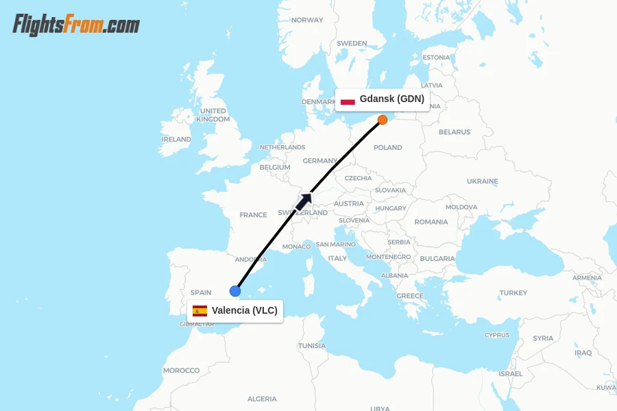Flights from Valencia to Gdansk route map
