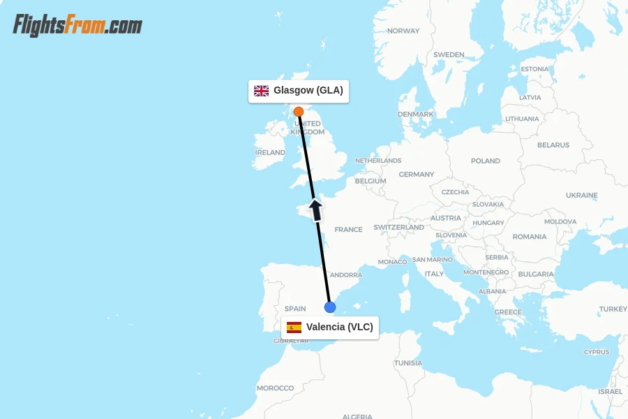 Flights from Valencia to Glasgow route map