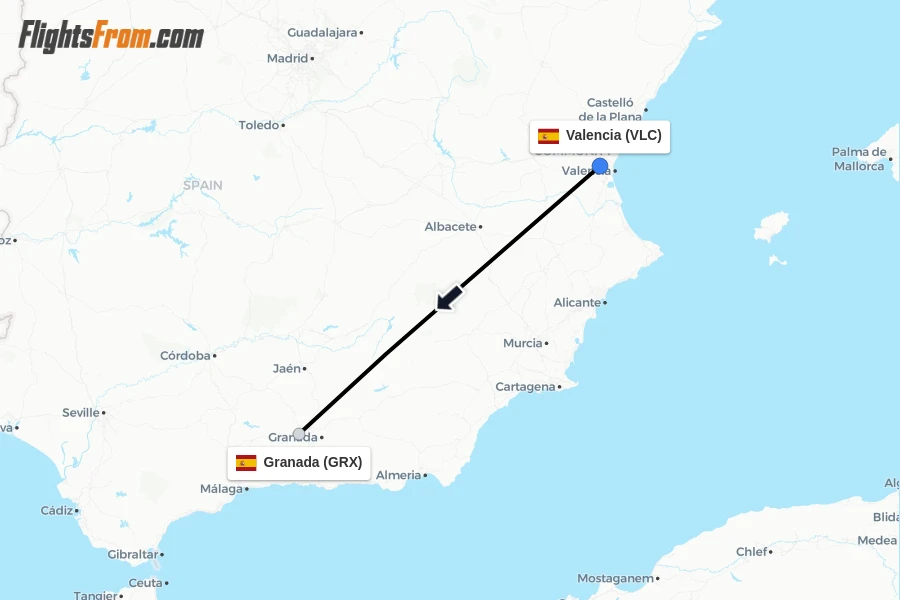 Flights from Valencia to Granada route map