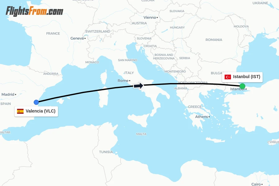 Flights from Valencia to Istanbul route map