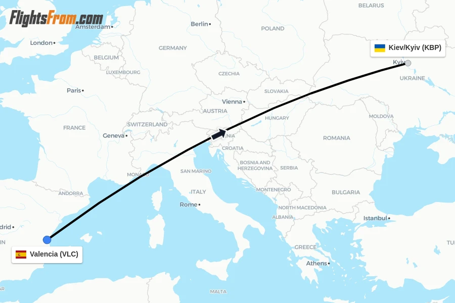 Flights from Valencia to Kiev/Kyiv route map