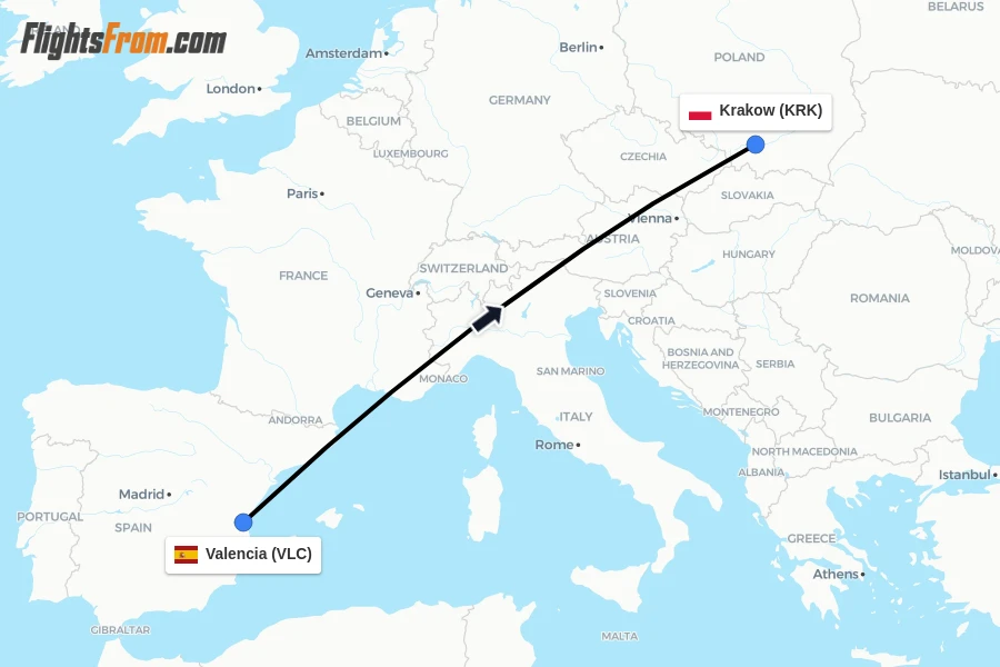 Flights from Valencia to Krakow route map