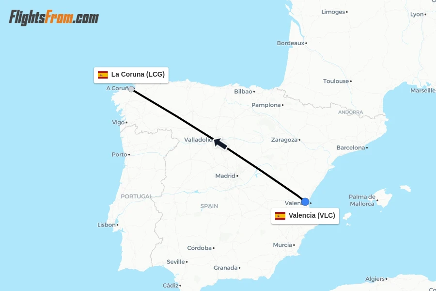 Flights from Valencia to La Coruna route map