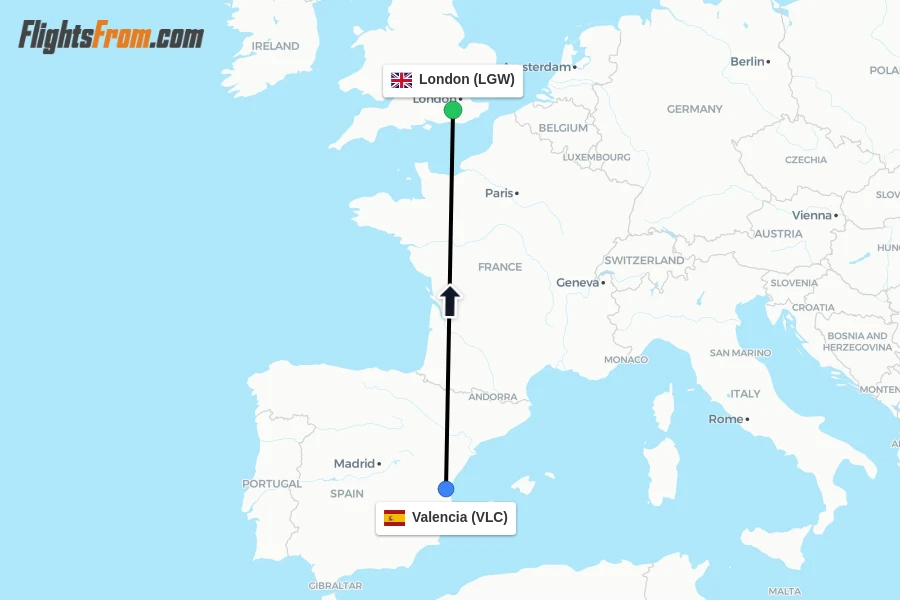 Flights from Valencia to London route map