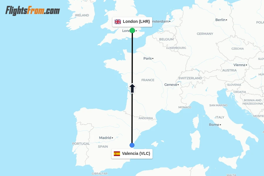 Flights from Valencia to London route map