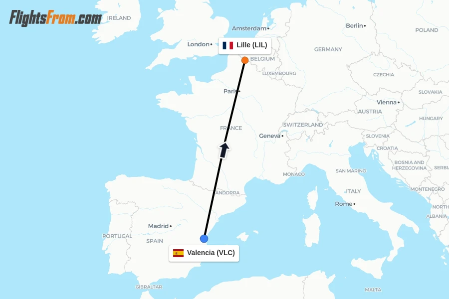 Flights from Valencia to Lille route map
