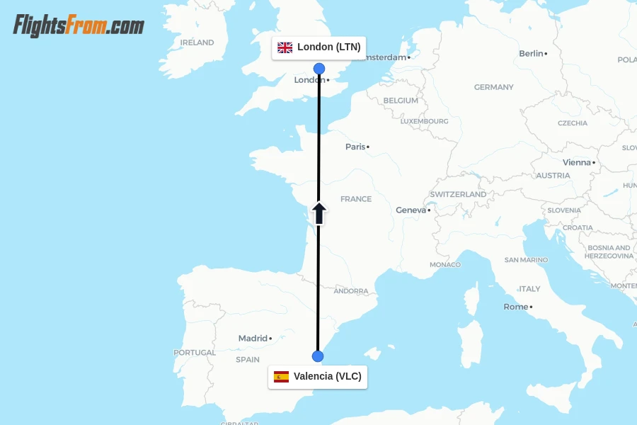 Flights from Valencia to London route map