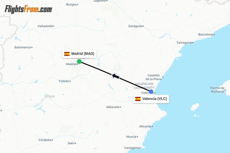 Flights from Valencia to Madrid route map