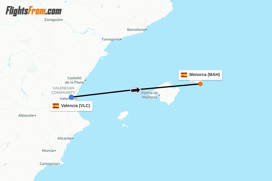 Flights from Valencia to Menorca route map