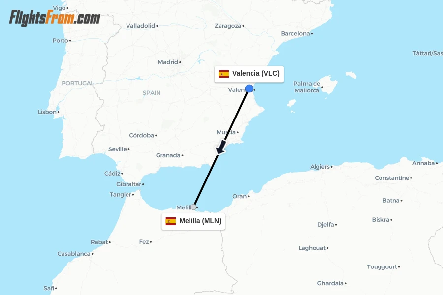 Flights from Valencia to Melilla route map