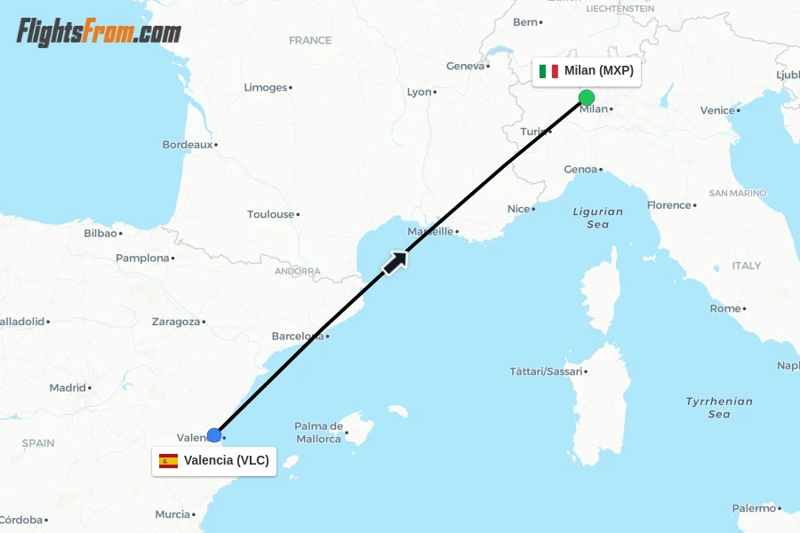 Flights from Valencia to Milan route map