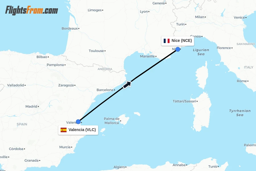 Flights from Valencia to Nice route map