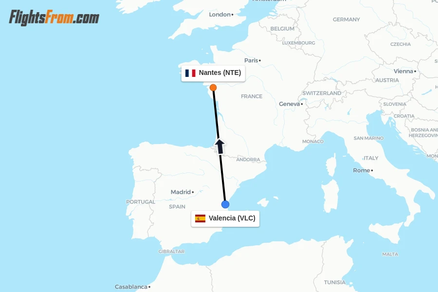Flights from Valencia to Nantes route map