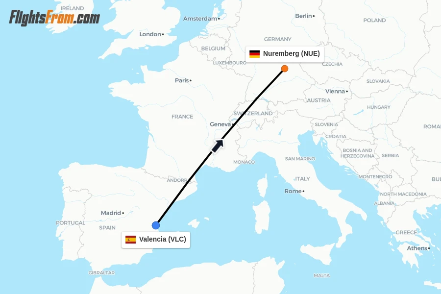Flights from Valencia to Nuremberg route map