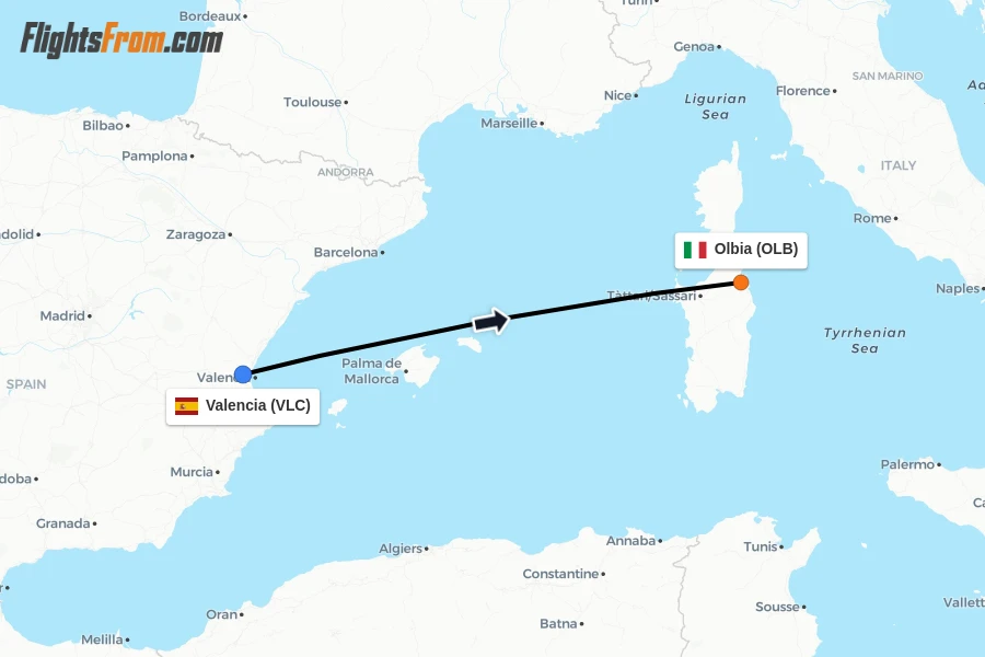 Flights from Valencia to Olbia route map