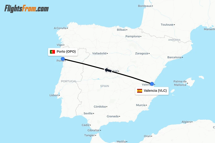 Flights from Valencia to Porto route map