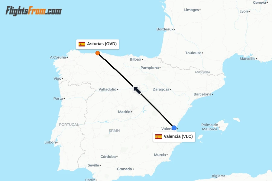 Flights from Valencia to Asturias route map