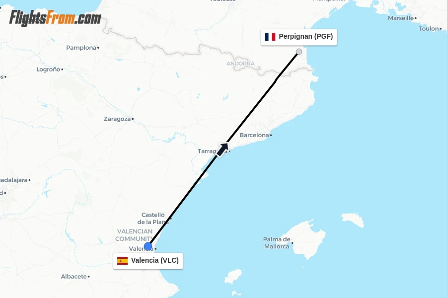 Flights from Valencia to Perpignan route map