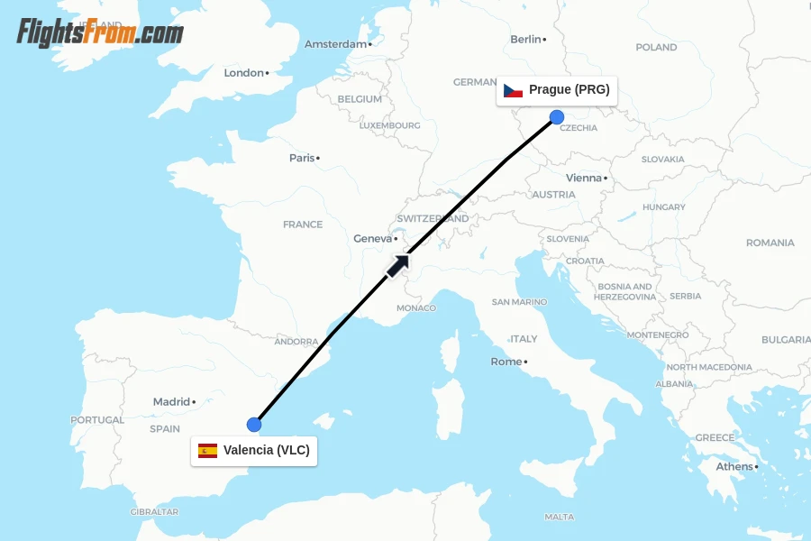 Flights from Valencia to Prague route map