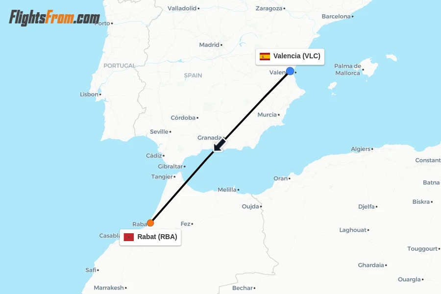 Flights from Valencia to Rabat route map