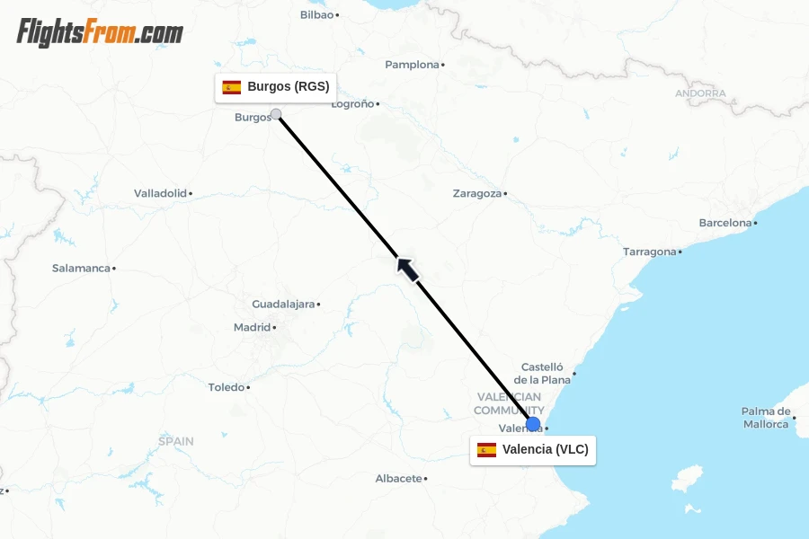 Flights from Valencia to Burgos route map