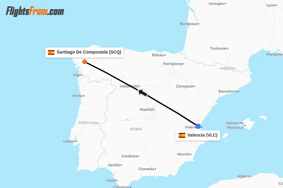 Flights from Valencia to Santiago De Compostela route map
