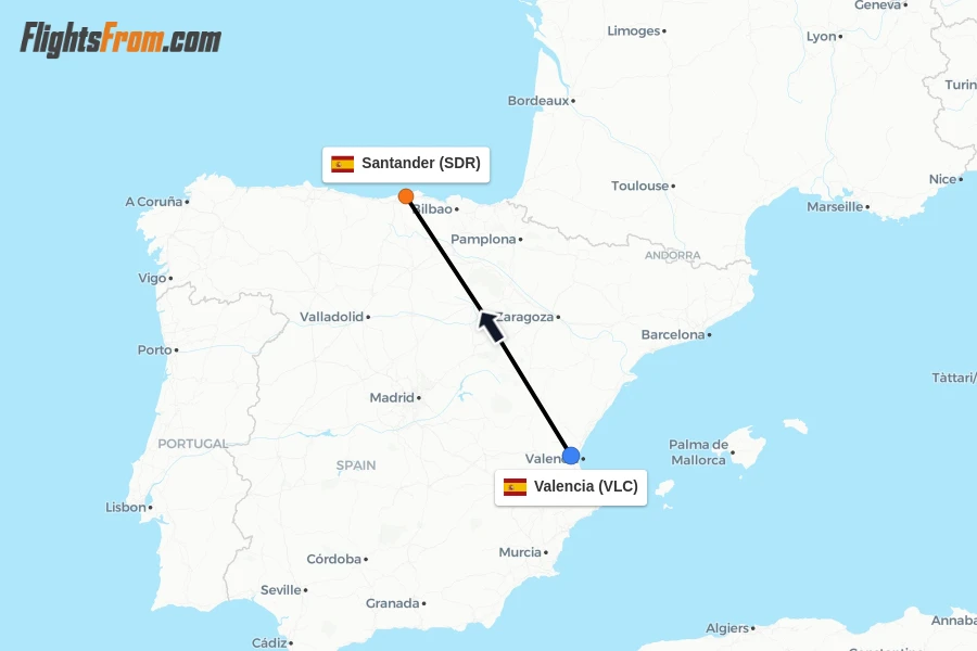 Flights from Valencia to Santander route map