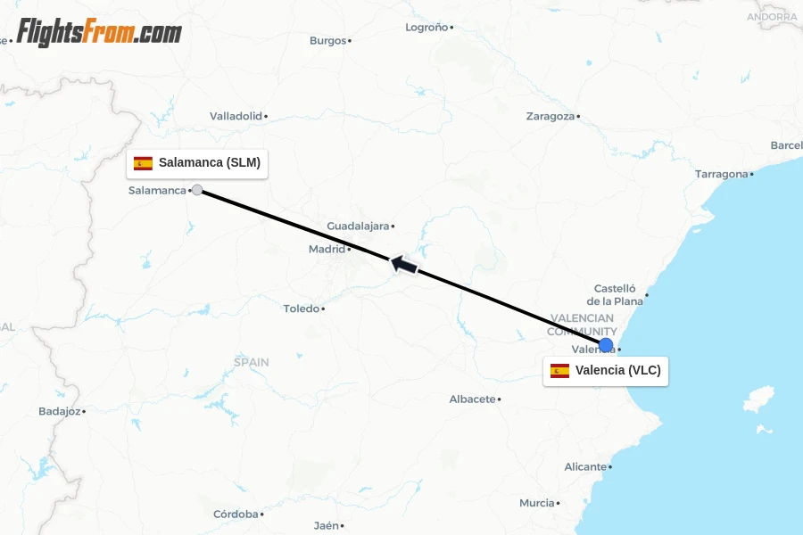 Flights from Valencia to Salamanca route map