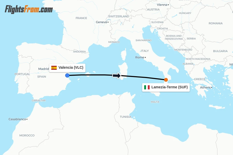 Flights from Valencia to Lamezia-Terme route map