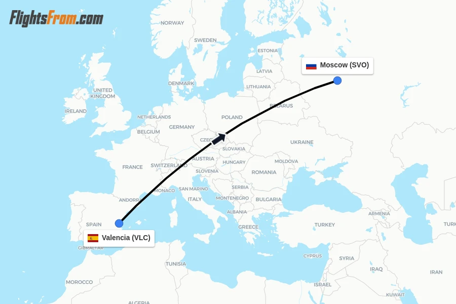 Flights from Valencia to Moscow route map