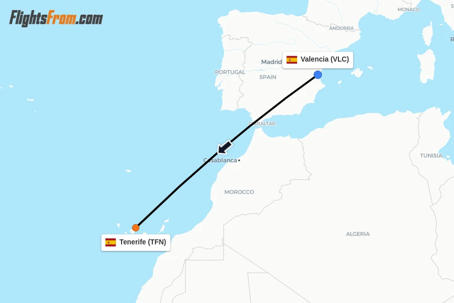 Flights from Valencia to Tenerife route map