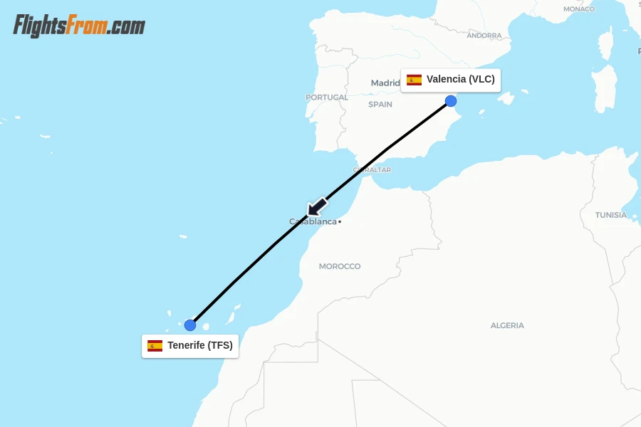 Flights from Valencia to Tenerife route map