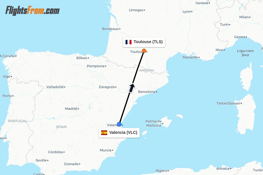 Flights from Valencia to Toulouse route map