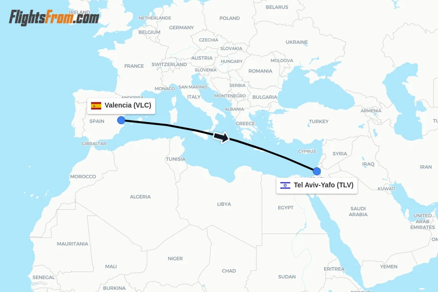 Flights from Valencia to Tel Aviv-Yafo route map