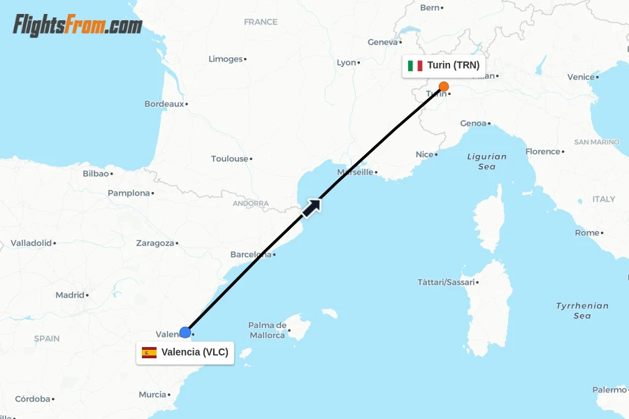Flights from Valencia to Turin route map