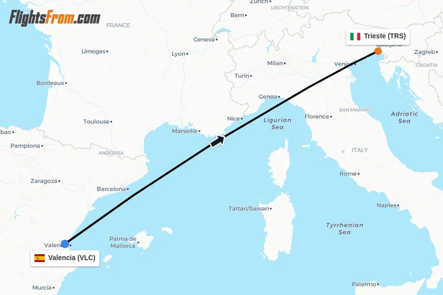 Flights from Valencia to Trieste route map