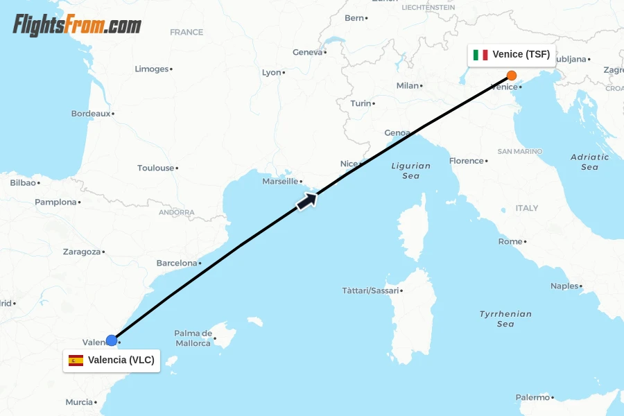 Flights from Valencia to Venice route map
