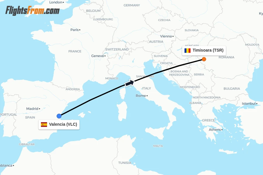Flights from Valencia to Timisoara route map
