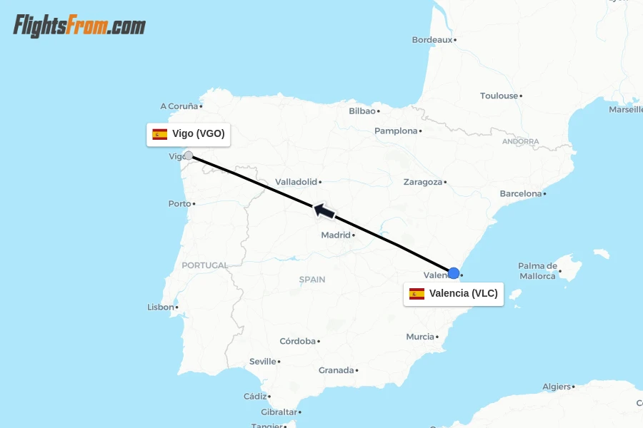 Flights from Valencia to Vigo route map