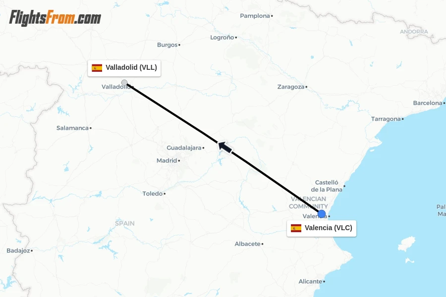 Flights from Valencia to Valladolid route map