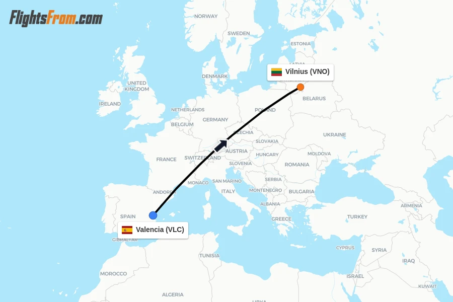 Flights from Valencia to Vilnius route map