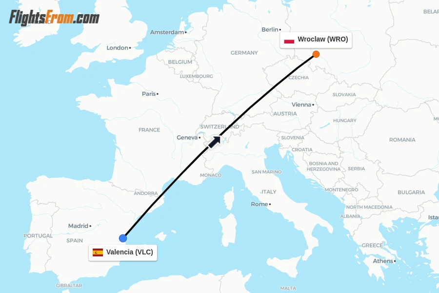 Flights from Valencia to Wroclaw route map