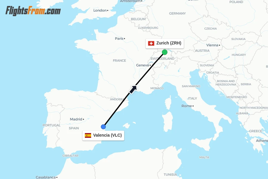 Flights from Valencia to Zurich route map