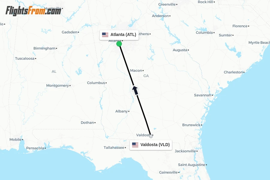 Flights from Valdosta to Atlanta route map