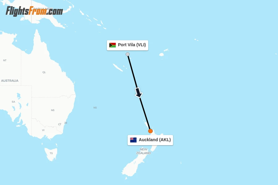 Flights from Port Vila to Auckland route map